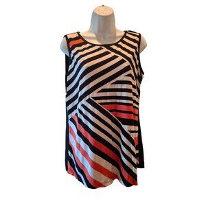 True Essence Tunic Top Large Black White Orange Striped Sleeveless Retro